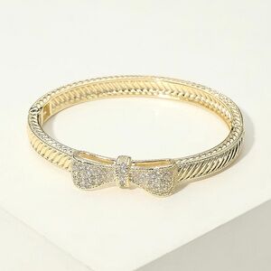 14K Gold Plated CZ Pave Bow Accent Cable Hinged Bangle Bracelet